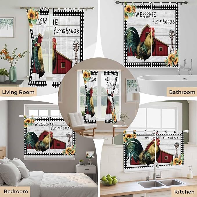 Farmhouse Rooster Kitchen Curtains 36 Inch Length, Small Window Curtains Tab Top, Rustic Red Barn Windmill Sunflowers Light Filtering Short Window Treatments Tier Drapes 27.5"x36" 2 Panel