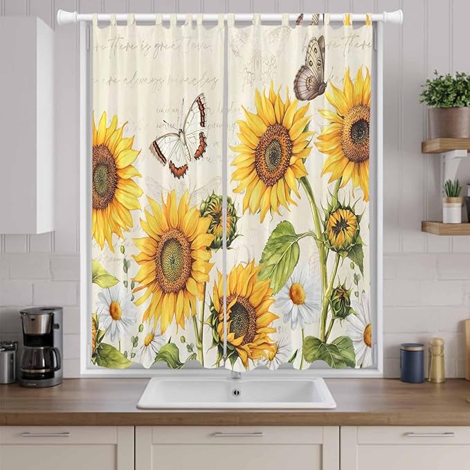 Farm Sunflowers Living Room Curtains 96 Inch Length, Window Curtains Tab Top, Retro Flowers Butterfly Botanical Beige Light Filtering Window Treatments Drapes 52"x96" 2 Panel