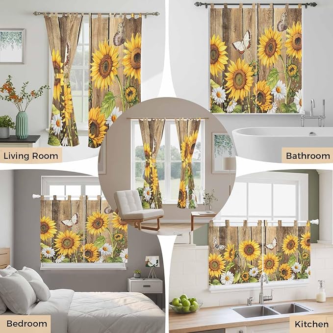 Farmhouse Sunflowers Kitchen Curtains 36 Inch Length, Small Window Curtains Tab Top, Rustic Floral Buttterfly Wood Board Brown Light Filtering Short Window Treatments Tier Drapes 27.5"x36" 2 Panel