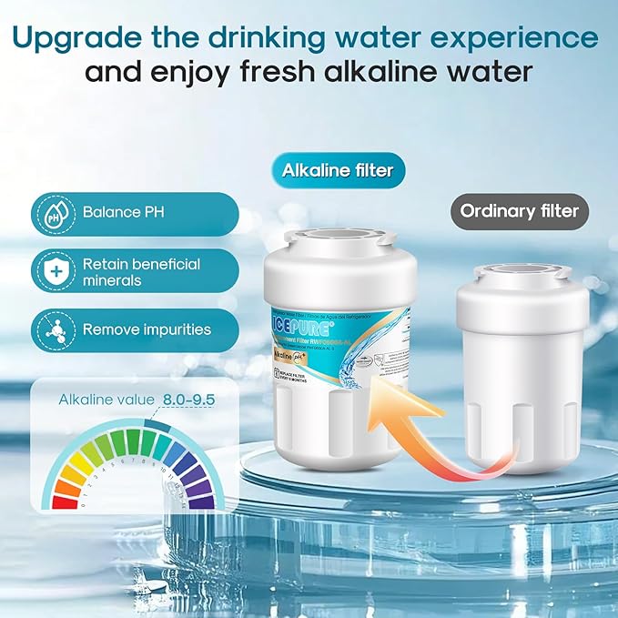 ICEPURE Alkaline RWF0600A-AL Refrigerator Water Filter Replacement for GE MWF, MWFA, MWFINT, MWFP, GWF, 46-9991, Kenmore® 9991, WFC1201, GSE25GSHECSS, GSH25JSDDSS, GSHS6LGBBHSS, Enhances PH, 4Pack