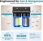 iSpring WGB21BM+AHPF12MNPT16X2 2-Stage Whole House Water Filtration System w/ 3/4'' Push-Fit Braided Stainless Steel Hose Connectors, Carbon Block and Iron & Manganese Reducing Filters