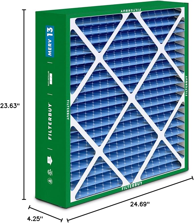 Filterbuy 24x25x5 Air Filter MERV 13 Optimal Smoke & Allergy Defense (3-Pack), Electrostatic Pleated HVAC AC Furnace Filters for Carrier FILXXCAR0024, Maytag & More (Actual Size: 23.63 x 24.69 x 4.25)