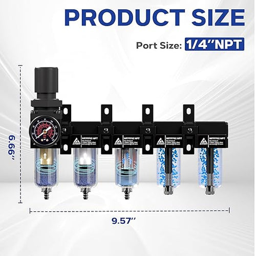1/4'' NPT 5 Stage Compressed Air Dryer,Air Dryer for Compressor 5 &0.5 &0.01 Micron Filter Cartridge,Double Desiccant Dryers & Air Regulator,Metal Bowl, Semi-Auto Drain,Industrial Grade-Black
