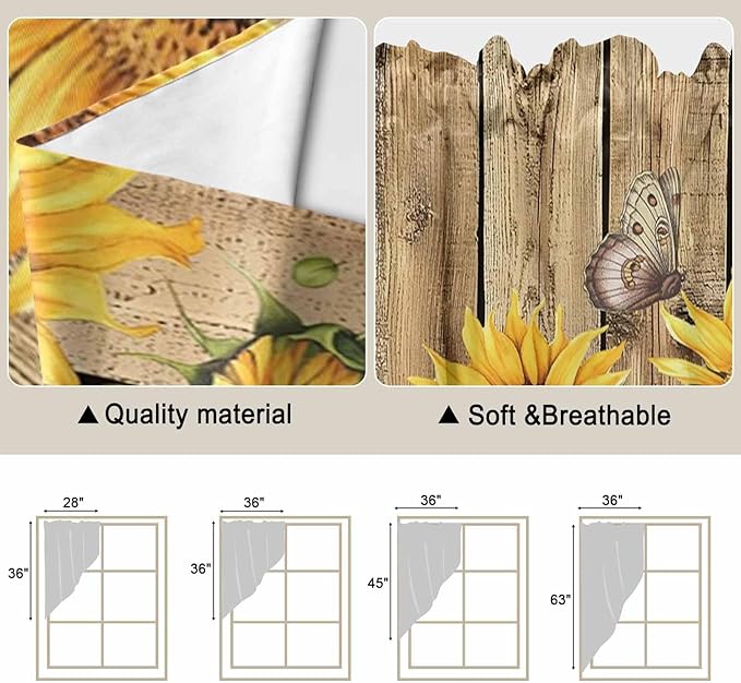 Farmhouse Sunflowers Swag Valances for Windows, Rustic Floral Buttterfly Wood Board Brown Rod Pocket Kitchen Curtains Valance, Kitchen Window Curtains Swag for Cafe Living Room, 2 Panels, 36x63 inch