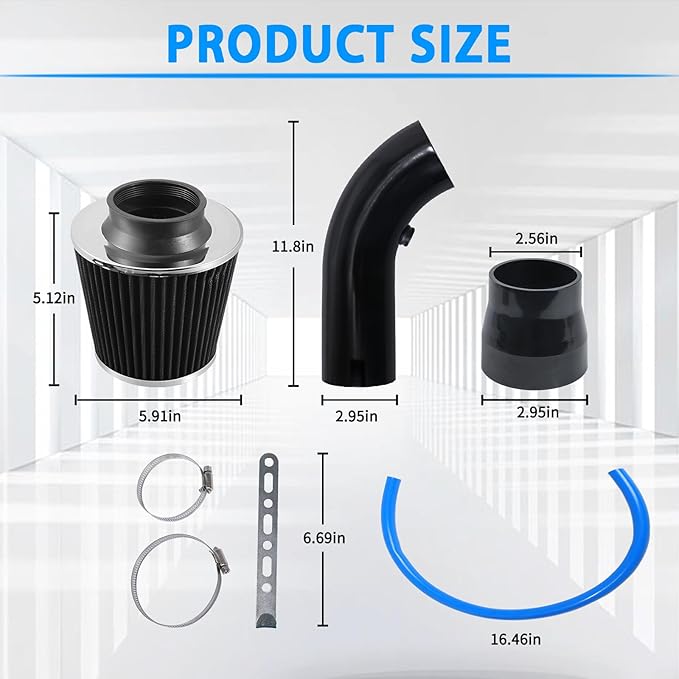 3 Inch Universal Cold Air Intake Filter Kit with Stainless Steel Filter and Aluminum Alloy Pipe, Automotive Air Filter High Induction Flow (Black)