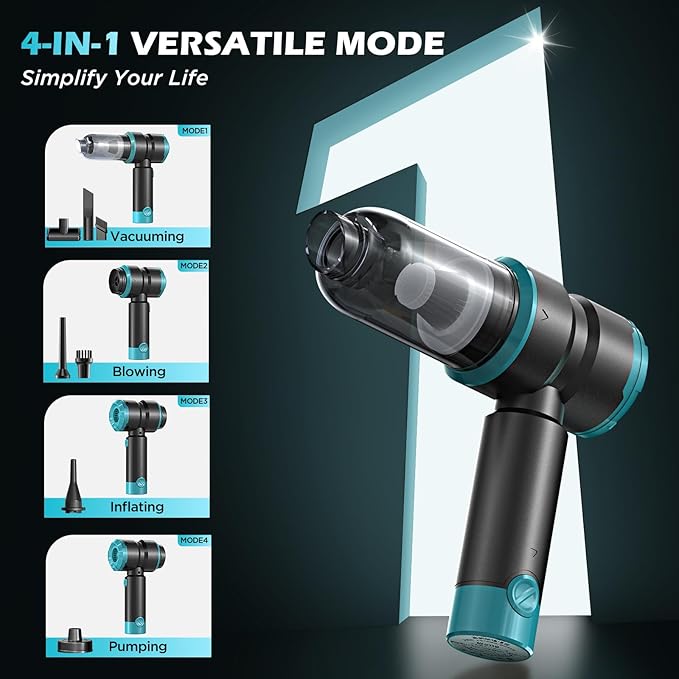Handheld Car Vacuum with 15000PA Power, 4 in 1 Powerful Cordless Vacuum Cleaner & Air Duster with 2000mAh Battery, Rechargeable Portable Mini Hand Held Vacuum for Car, Home,Office,Pet Hair（Blue）