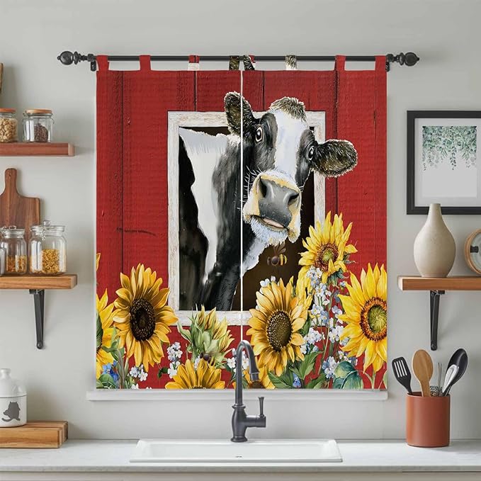 Cows Sunflowers Bathroom Curtains 63 Inch Length, Window Curtains Tab Top, Spring Botanical Floral Bees Red Barn Light Filtering Window Treatments Drapes 52"x63" 2 Panel