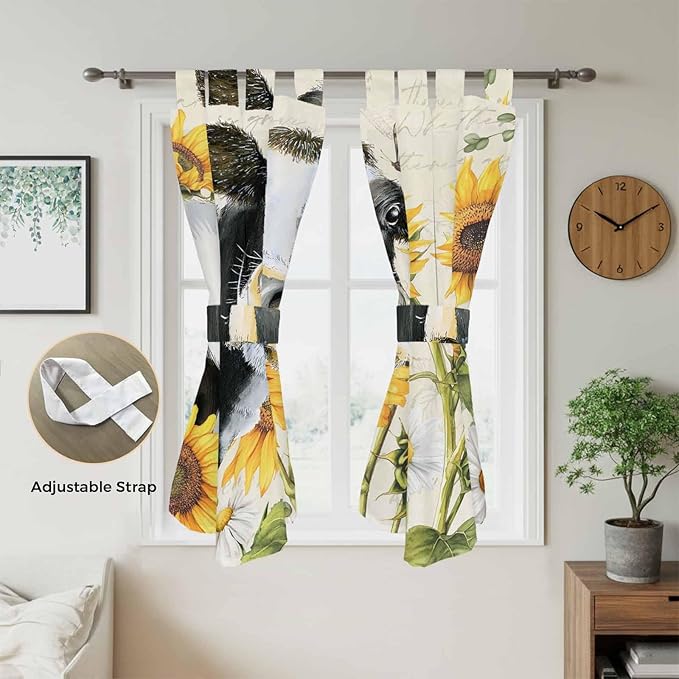 Yellow Sunflowers Living Room Curtains 84 Inch Length, Window Curtains Tab Top, Country Cow Flower Butterfly Farmhouse Cream Light Filtering Window Treatments Drapes 42"x84" 2 Panel