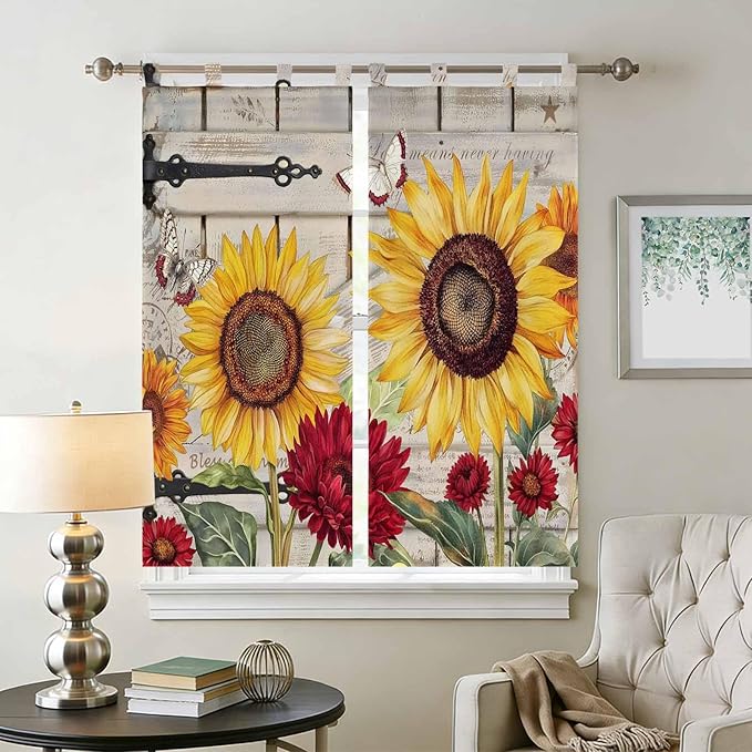 Red Yellow Sunflowers Bedroom Curtains 72 Inch Length, Window Curtains Tab Top, Retro Rustic Barn Doors Butterfly Brown Light Filtering Window Treatments Drapes 52"x72" 2 Panel
