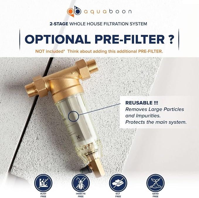 Aquaboon Whole House 2-Stage Water Filter System with 20x4.5 Anti-Scale, KDF Filters, Pressure Gauges & Release, Wrench, Iron Bracket