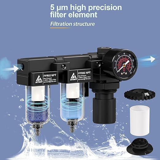 1/4" NPT Air Dryer for Compressor,Air Pressure Regulator Filter Combo,Air Compressor Filter Dryer,5 and 5 Micron Filter Cartridge,Semi-Auto Drain, Metal Bracket-Black