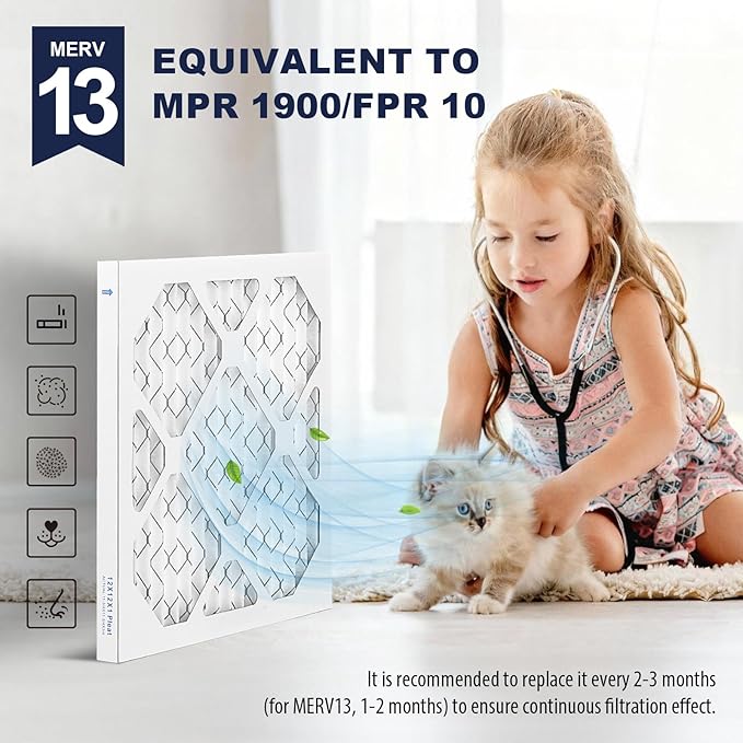 12×12×1 MERV 13 Furnace Air Filters - HVAC/Furnace AC Filter Replacement (Actual Size 11.75x11.75x0.75) - Pleated Dust Defense Air Conditioner Filters for Home Office (2 Pack)