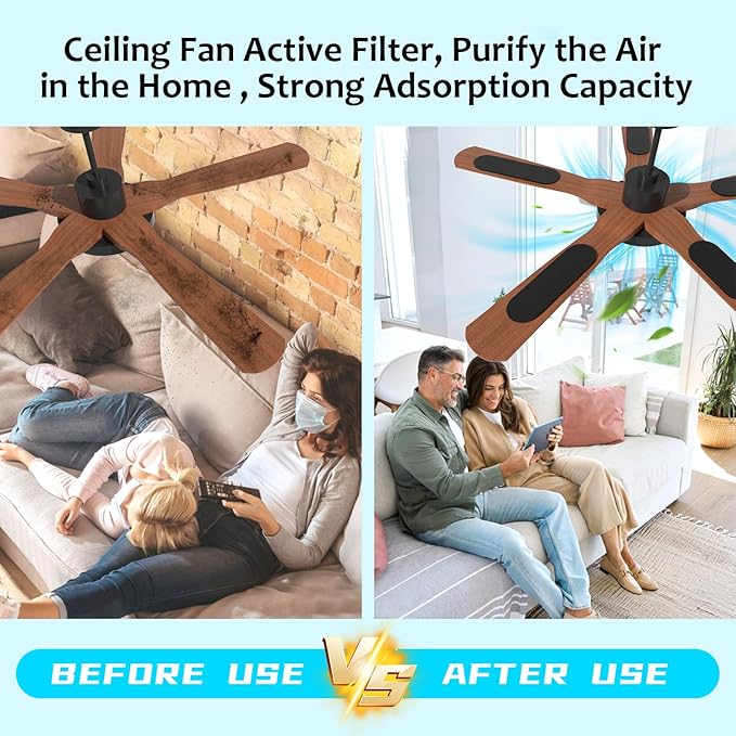 15pcs Ceiling Fan Filters for Blades Easy-Stick Strong Fixity Activated Coconut Carbon Fan Filter for Ceiling Fan, Universal Fan Blade Air Fresh Purifier Cat Litter Box Filter, Black