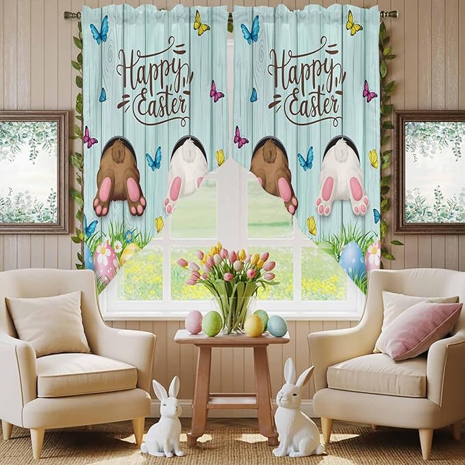 Swag Curtain Valances for Kitchen Windows,Happy Easter Bunny Butt Egg Floral Short Rod Pocket Window Valance,Spring Plant on Aqua Wood Swag Topper for Bedroom Living Room,2 Panels 36x63in