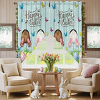 Swag Curtain Valances for Kitchen Windows,Happy Easter Bunny Butt Egg Floral Short Rod Pocket Window Valance,Spring Plant on Aqua Wood Swag Topper for Bedroom Living Room,2 Panels 28x36in