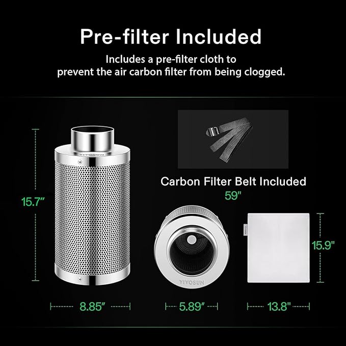 VIVOSUN 6 Inch Air Carbon Filter Smelliness Control with Australia Virgin Charcoal for Inline Duct Fan, Grow Tent, Pre-Filter Included, Reversible Flange 6"x 16" (Pack of 2)