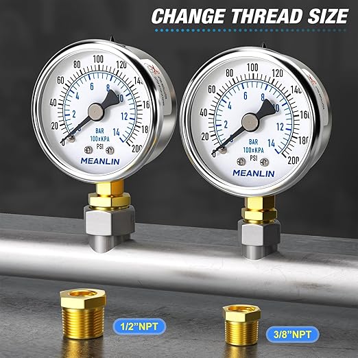 MEANLIN MEASURE 0~200Psi Dry Pressure Gauge Stainless Steel 1/4" NPT 2" FACE DIAL Waterproof for Air Compressor Air Regulator Water Filter Lower Mount, with 1/2" NPT and 3/8" NPT Hex Bushing
