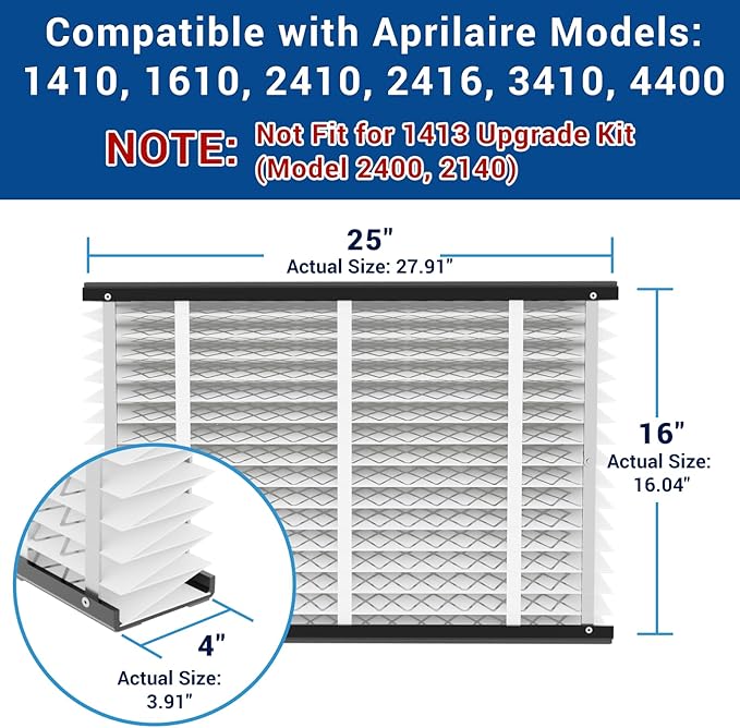 3 Pack, 410 Replacement Air Filter, Nominal Size: 16x25x4, Actual Size: 16.04"x27.91"x3.91" HVAC Furnace Filter, Compatible with AprilAire Models 1410, 1610, 2410, 2416, 3410, 4400, MERV 11