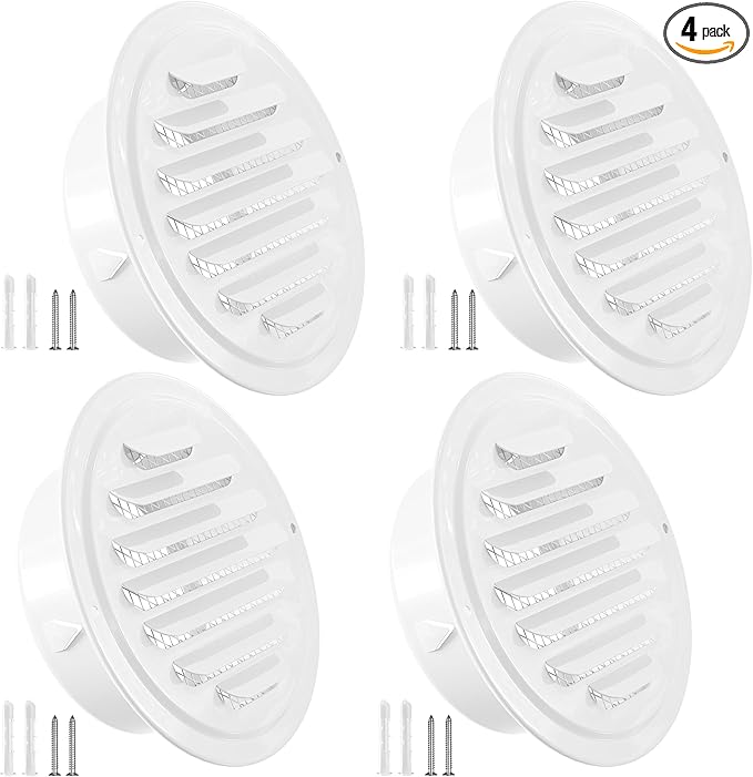 HG Power 4 Inch Soffit Vents, Stainless Steel Round Air Vent with Screen Mesh, Louver Exhaust Vent Cover for Wall Garage, Kitchen, Attic & House Ventilation, 4- Pack, White