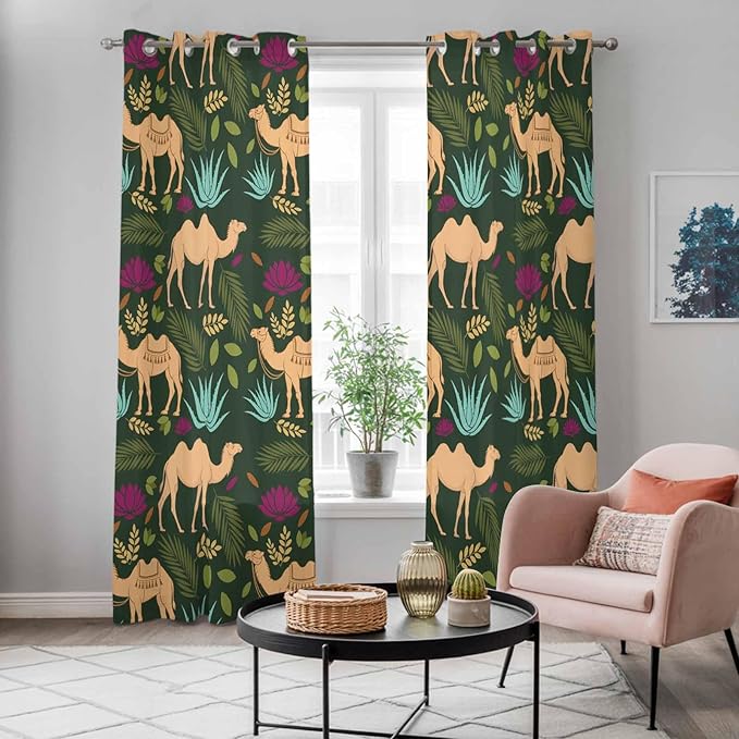 2 Panel Kitchen Cafe Curtains, Retro Desert Camel Sunlight Filtering Nature Air Through, Window Decor Tier Curtains for Living Room 104W x 90L inch Tropical Animal Aloe Vera Leaves Dark Green
