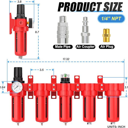 1/4" NPT Industrial Grade 5 Stage Aluminum Air Drying System,Double Coalescing Filter,Particulate Filter,Double Desiccant Dryer and Air Regulator,Manual Drain For Plasma Cutter and Paint Spray