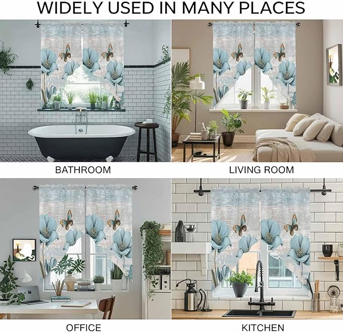 Spring Floral Swag Valances for Windows, Vintage Tulips Flower Butterfly Retro Wood Blue Rod Pocket Kitchen Curtains Valance, Small Window Curtains Swag for Cafe Living Room, 2 Panels, 36x36 inch