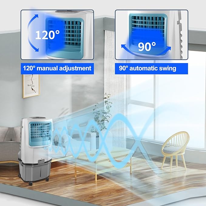 Commercial Evaporative Air Cooler Fan with Large Water Tank, 3-Speed Settings, 120°Oscillation for Efficient Cooling in Large Rooms, Factories, and Outdoor Areas