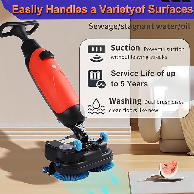 Floor Polisher Commercial, Dual-Brush Rotary Floor Scrubber, Lightweight Electric Floor Cleaner, 360° Rotating Head, Wet Dry Floor Cleaner for Offices & Schools Red