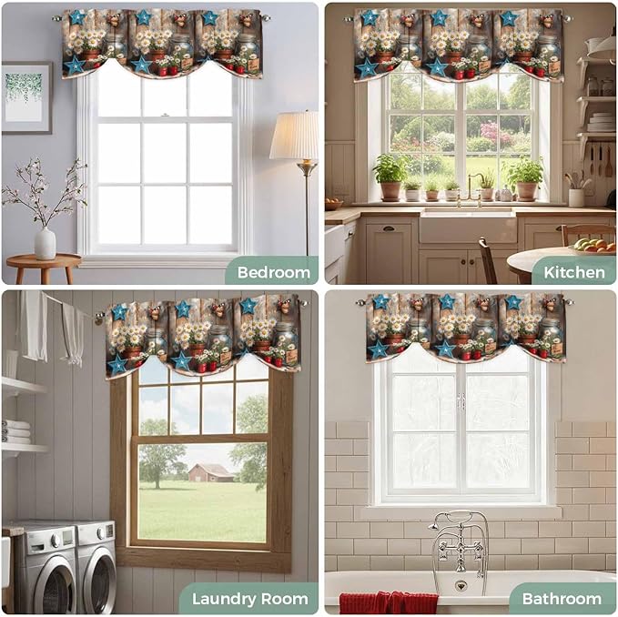 Country Flower Tie Up Valance for Window, Western Texas Star Butterfly Barn Door Adjustable Balloon Window Shade Valance Curtain for Kitchen Cafe Bathroom Window Treatment Panel 54''x18''