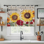 Red Yellow Sunflowers Bedroom Curtains 63 Inch Length, Window Curtains Tab Top, Retro Rustic Barn Doors Butterfly Brown Light Filtering Window Treatments Drapes 42"x63" 2 Panel