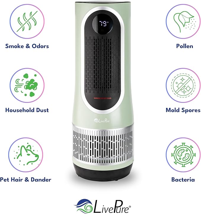 LivePure 3-in-1 LP500 Clean Heat Air Purifier & Electric Heater – Oscillating Portable Heater with 2 Heat Modes and Air Filtration – Heater for Indoor Use in Bedrooms, Home Office & Apartments, Sage