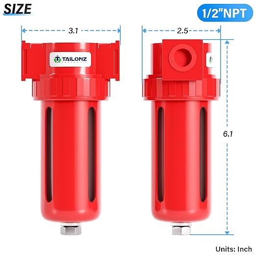 TAILONZ PNEUMATIC 0-150PSI 1/2 Inch NPT Aluminum Alloy Carbon Desiccant Air Dryer, Compressor Air Dryer, Water Vapor Separator, Polyethylene Bowl