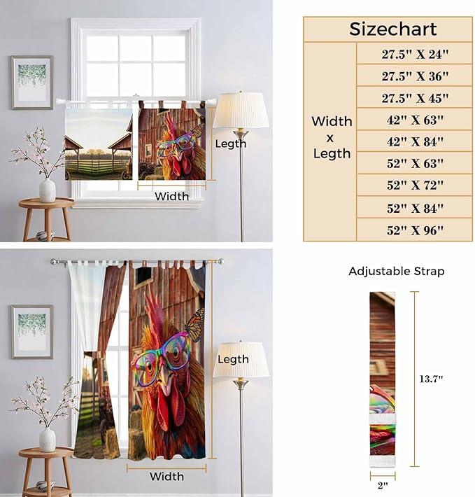 Farm Rooster Bedroom Curtains 72 Inch Length, Window Curtains Tab Top, Farmhouse Barn Funny Animals Butterfly Light Filtering Window Treatments Drapes 52"x72" 2 Panel