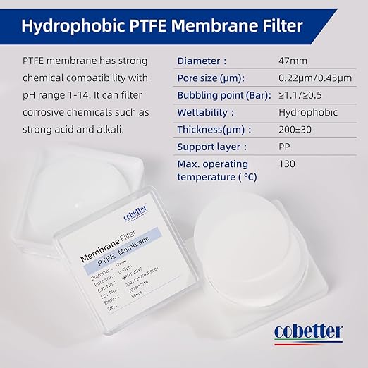 100 Pieces/Pack PTFE Membrane Filters Lab Disc Hydrophobic Filter 47mm Diameter 0.45µm Pore Size