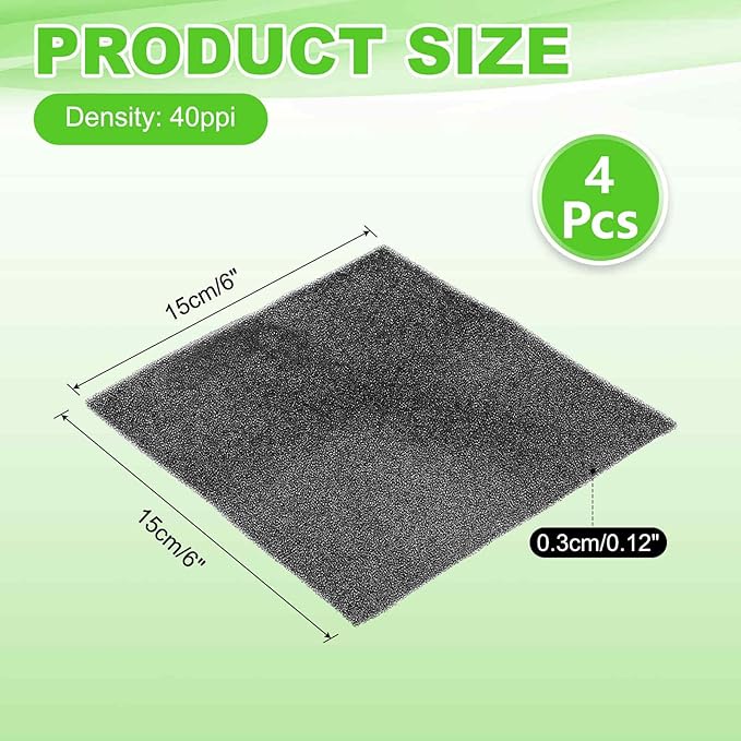 Fan Replacement Filters 4 Pcs Fan Filter Foam Sponge (6" x 6" x 0.12", 40ppi) - Breathable, Soft for Air Compressors Inverter Chassis Vacuum Cleaners