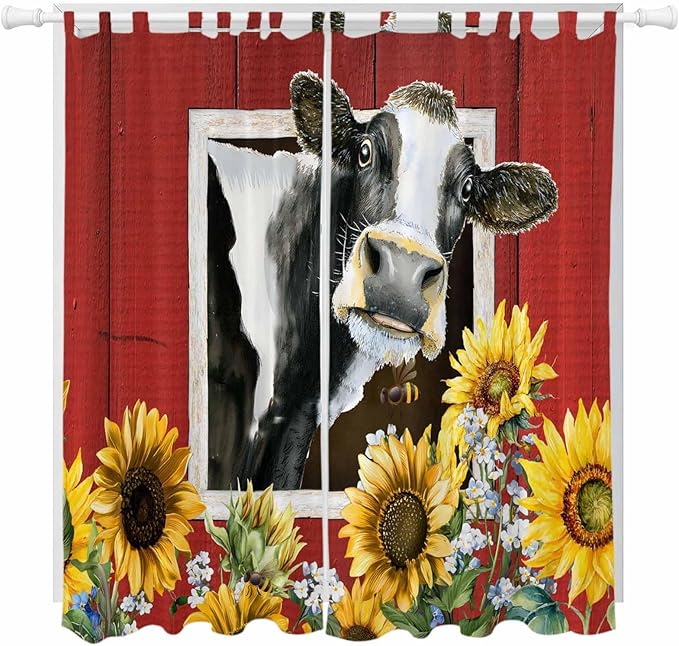 Cows Sunflowers Living Room Curtains 84 Inch Length, Window Curtains Tab Top, Spring Botanical Floral Bees Red Barn Light Filtering Window Treatments Drapes 52"x84" 2 Panel