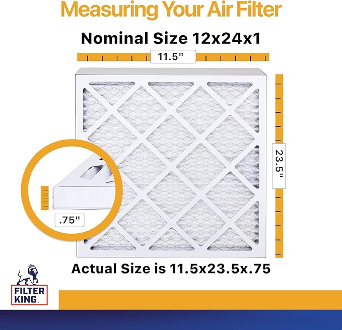 Filter King 12x24x1 Air Filter | 6-PACK | MERV 13 HVAC Pleated A/C Furnace Filters | MADE IN USA | Actual Size: 11.5 x 23.5 x .75"