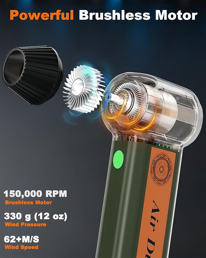 Powerful 2-in-1 Compressed Air Duster & Handheld Car Vacuum Cleaner with LED Light & 4-Gear Adjustable 150KRPM Brushless Motor, Rechargeable Cordless Mini Blowe for Car, Home, PC (2-in-1 Green)