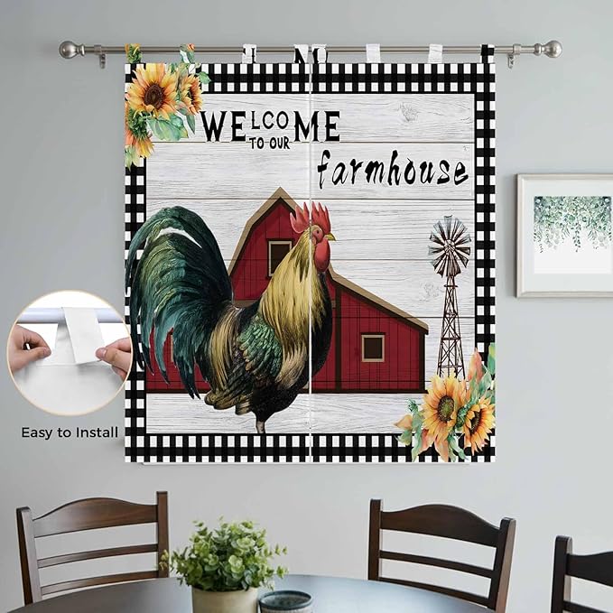 Farmhouse Rooster Living Room Curtains 84 Inch Length, Window Curtains Tab Top, Rustic Red Barn Windmill Sunflowers Light Filtering Window Treatments Drapes 42"x84" 2 Panel