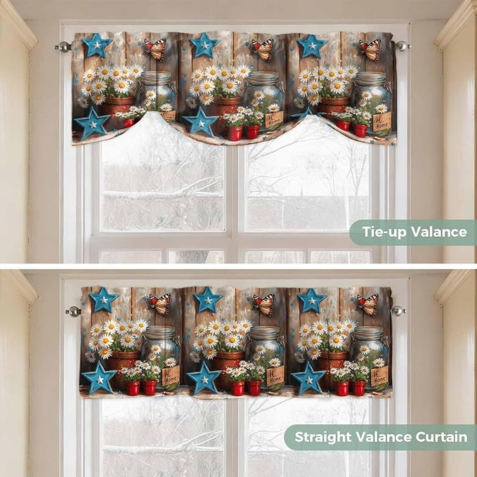 Country Flower Tie Up Valance for Window, Western Texas Star Butterfly Barn Door Adjustable Balloon Window Shade Valance Curtain for Kitchen Cafe Bathroom Window Treatment Panel 42''x18''