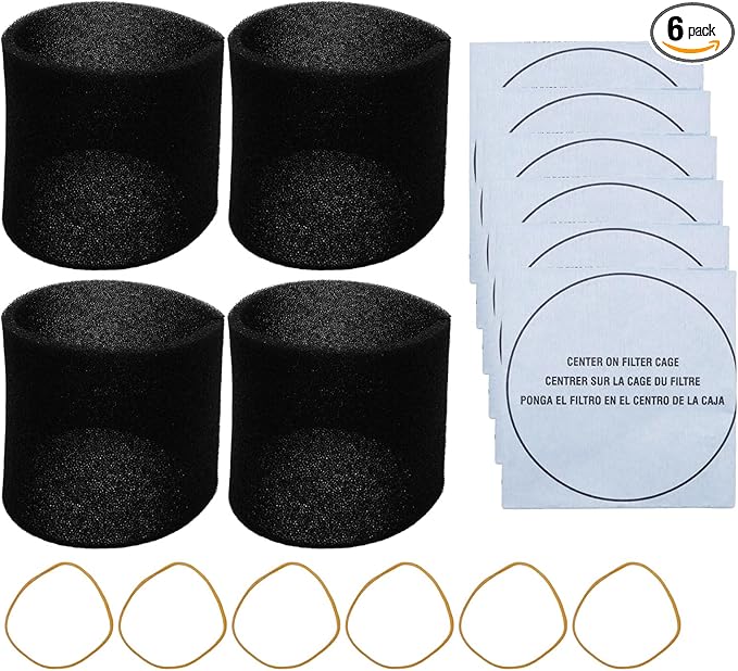 6Pcs 90107 Dry Filter, 6Pcs Retaining Bands, 4Pcs 90585 Shop Vac Foam Sleeve Filter Replacements for Most Shop Vac Wet/Dry Vacuum Cleaners 5 Gallon and Above