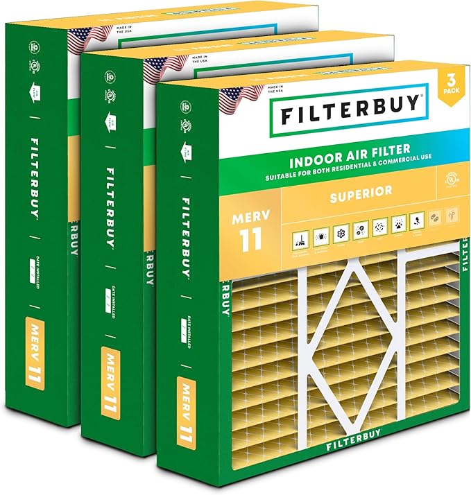 Filterbuy 20x20x5 Air Filter MERV 11 Superior Pet & Allergy Defense (3-Pack), Pleated HVAC AC Furnace Filters for Amana, Coleman, Goodman, Maytag, York, and More (Actual Size: 20.25 x 20.75 x 5.25)
