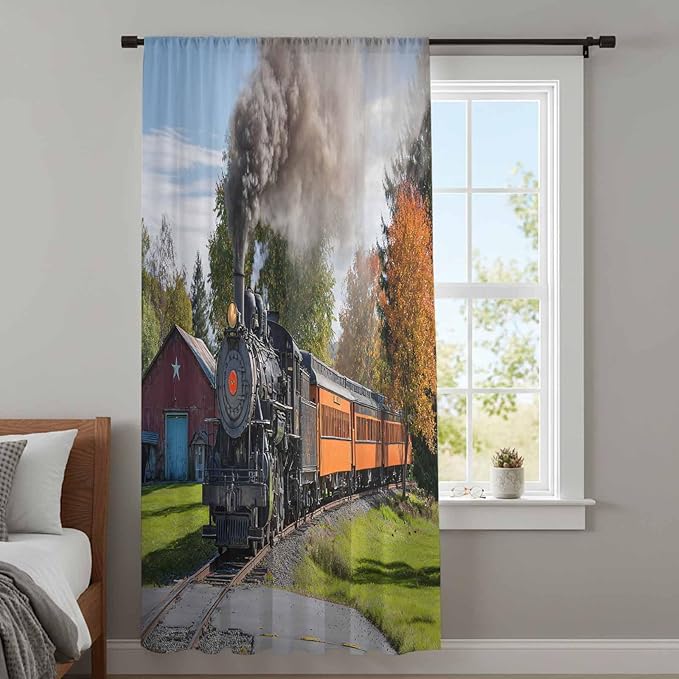 Steam Train Sheer Curtains 63 Inch Length Railroad Country Barn Rustic Trees Farmhouse Chiffon Curtain for Bedroom Living Room Light Filtering Rod Pocket Window Treatments Voile Curtains Drapes