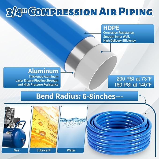 Shop Air Line Kit 3/4” 200FT Compressed Air Piping System HDPE-Aluminum-HDPE Air Tubing with 4-Way Aluminum Blocks Brass Valves Air Piping Fittings Kit Air Compressor Accessories for Garage