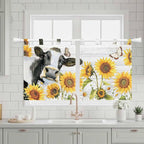 Retro Farmhouse Floral Kitchen Curtains 24 Inch Length, Small Window Curtains Tab Top, Yellow Sunflowers Cows Butterfly Wood Light Filtering Short Window Treatments Tier Drapes 27.5"x24" 2 Panel
