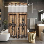 Wood Barn Door No Hook Shower Curtain with Snap in Liner Set, Waterproof Shower Curtains for Bathroom, Wooden Plank Fabric Shower Curtain, See Through Mesh Top Window, 36" W x 78" L