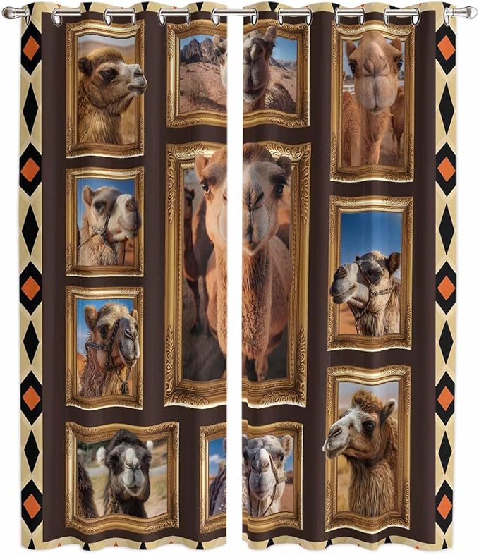 2 Panel Kitchen Cafe Curtains, Wildlife Camels Sunlight Filtering Nature Air Through, Home Decor Window Covering Tier Curtains for Living Room 104W x 90L inch Deserts Animals Brown Geometric Rustic