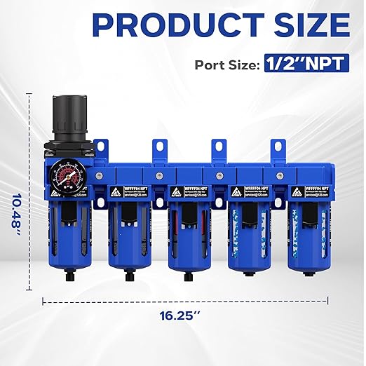 1/2'' NPT 5 Stage Air Drying System,5 &0.5 &0.01 Micron Filter Cartridge,Double Desiccant Dryers & Air Regulator,Metal Bowl, Semi-Auto Drain,Industrial Grade-Blue