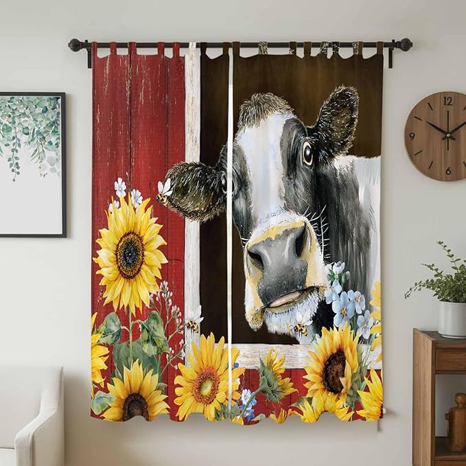 Cows Sunflowers Living Room Curtains 96 Inch Length, Window Curtains Tab Top, Rustic Farms Barns Flowers Bees Animals Light Filtering Window Treatments Drapes 52"x96" 2 Panel