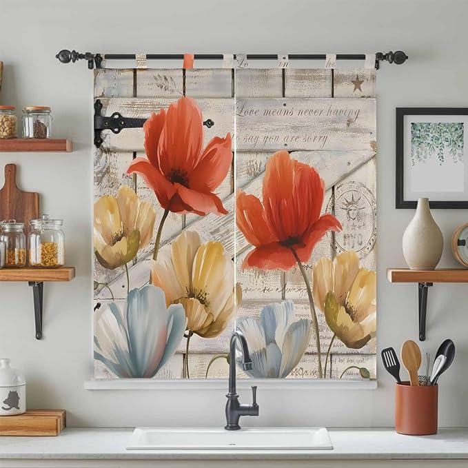 Retro Floral Bedroom Curtains 72 Inch Length, Window Curtains Tab Top, Red Yellow Tulips Barm Doors Farmhouse Wooden Light Filtering Window Treatments Drapes 52"x72" 2 Panel